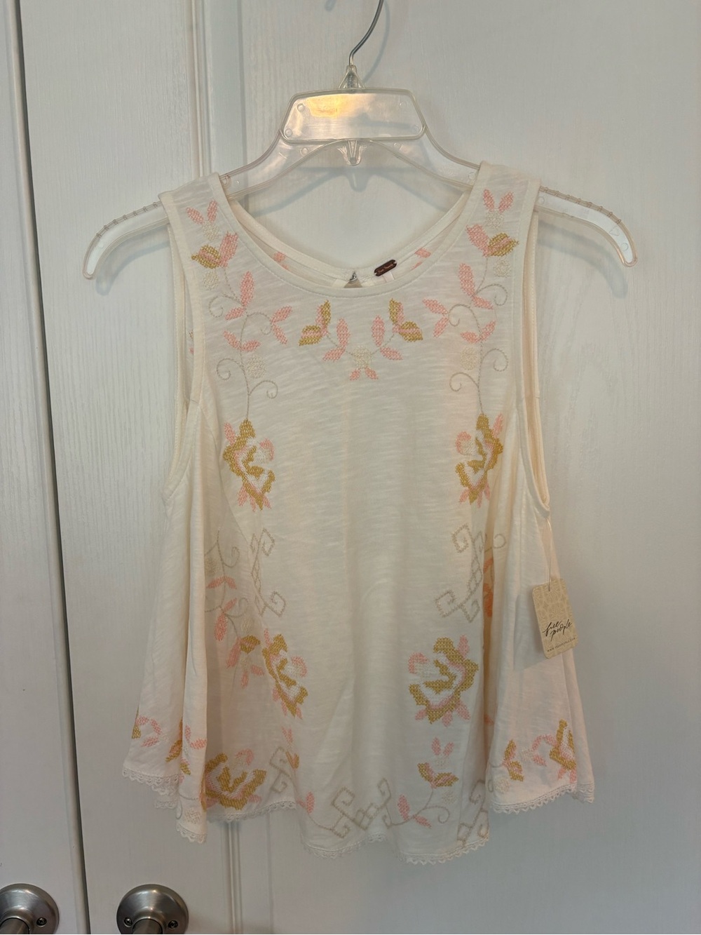Free People Cream Sleeveless Embroidered Tank with Pink and Gold Floral Accents